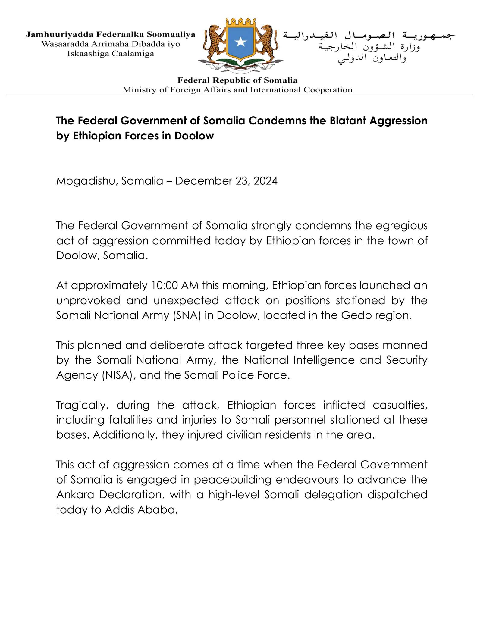 The Federal Government of Somalia Condemns the Blatant Aggression by Ethiopian Forces in Doolow