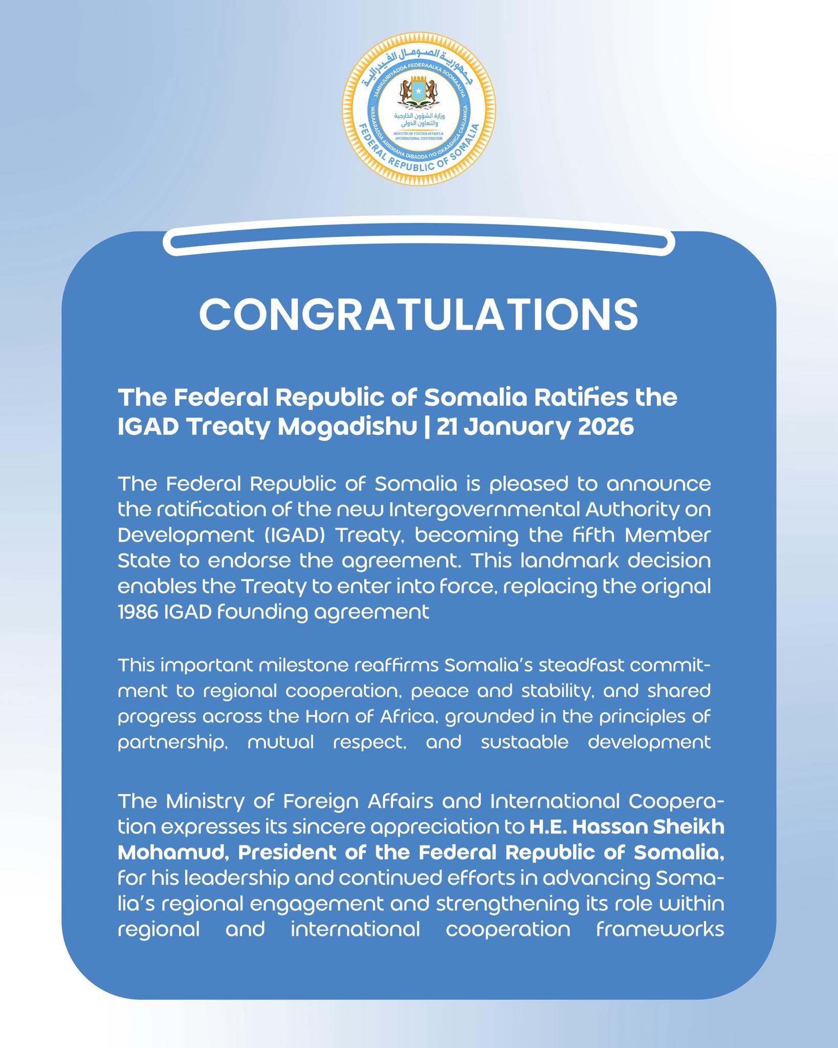 Somalia Ratifies the IGAD Treaty