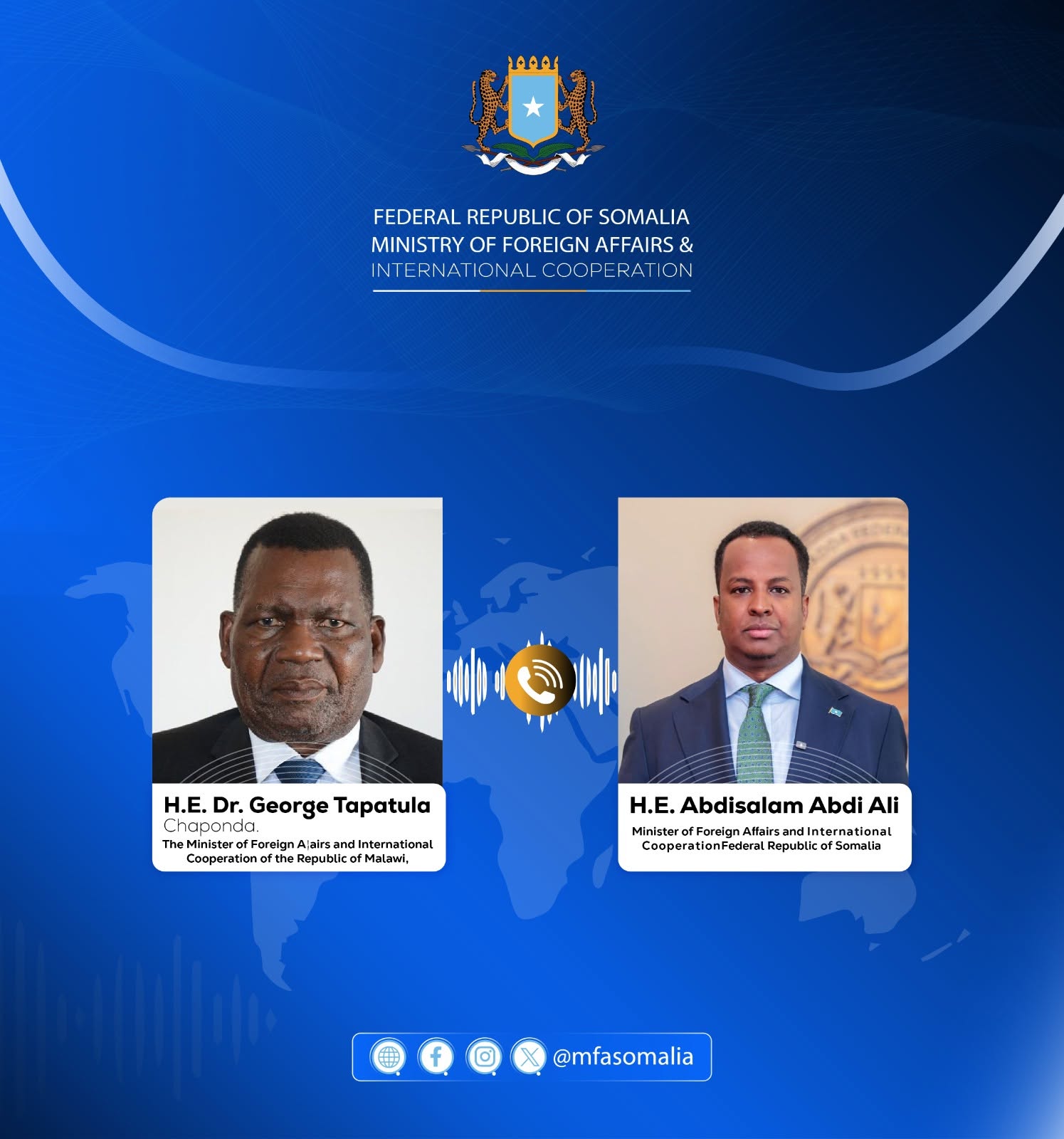 Somalia and Malawi Foreign Ministers Hold Telephone Conversation