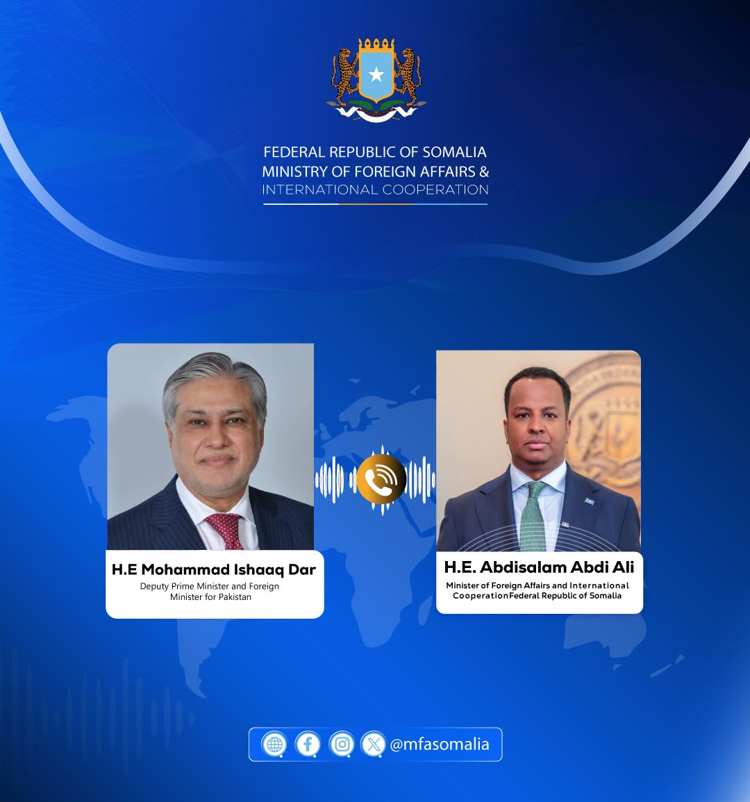Foreign Minister H.E Abdisalam Abdi Ali Holds Telephone Conversation with Pakistan’s Deputy Prime Minister and Foreign Minister